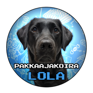 Pakkaajakoira Lola tarra, 7cm x 7cm